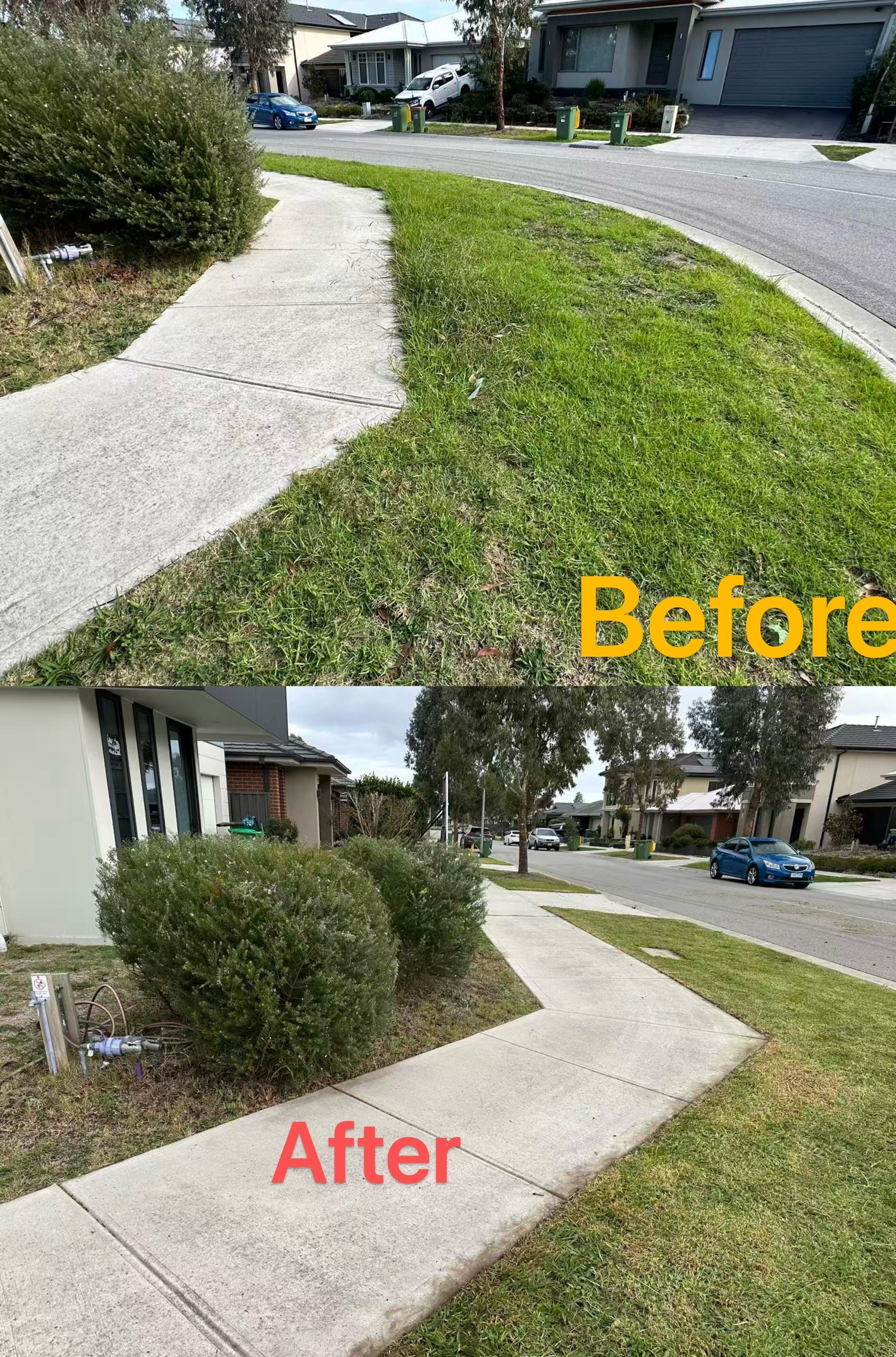 Nature strip before and after: overgrown grass along a curved footpath cut and edged