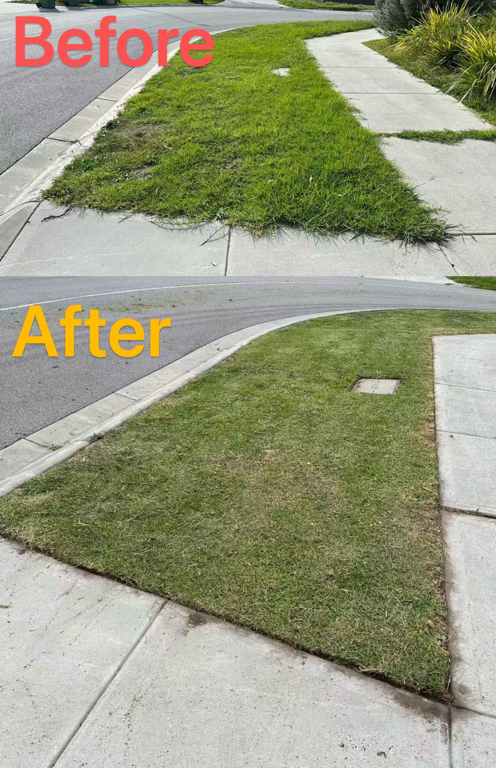 Nature strip corner before and after: shaggy grass over the footpath trimmed back to a crisp straight edge